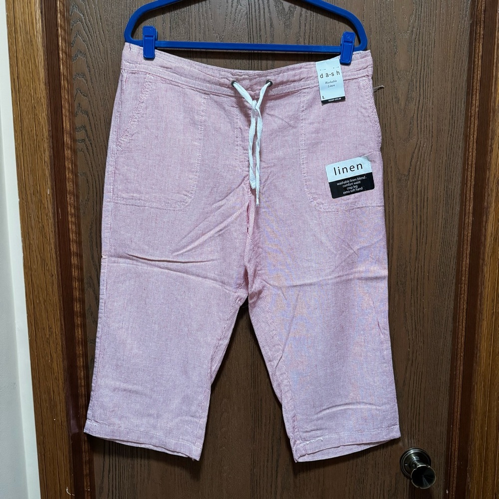 dash Linen Blend Red/White Striped Capri Pants Pull On Drawstring Wide Leg